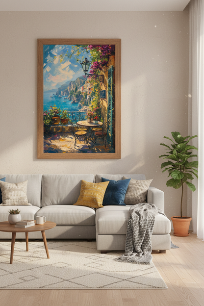 Amalfi Coast Italy Terrace Art | Mediterranean Oil Painting, Coastal View Poster