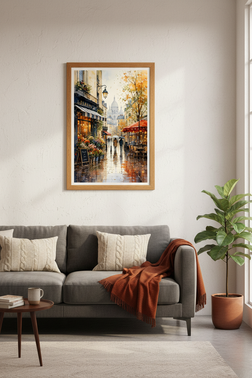 Paris Montmartre Street Watercolor | French Cityscape Art, Living Room Poster
