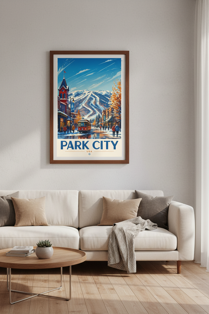 Park City Utah Ski Travel Poster | Winter Mountain Wall Art, Modern Cabin Decor