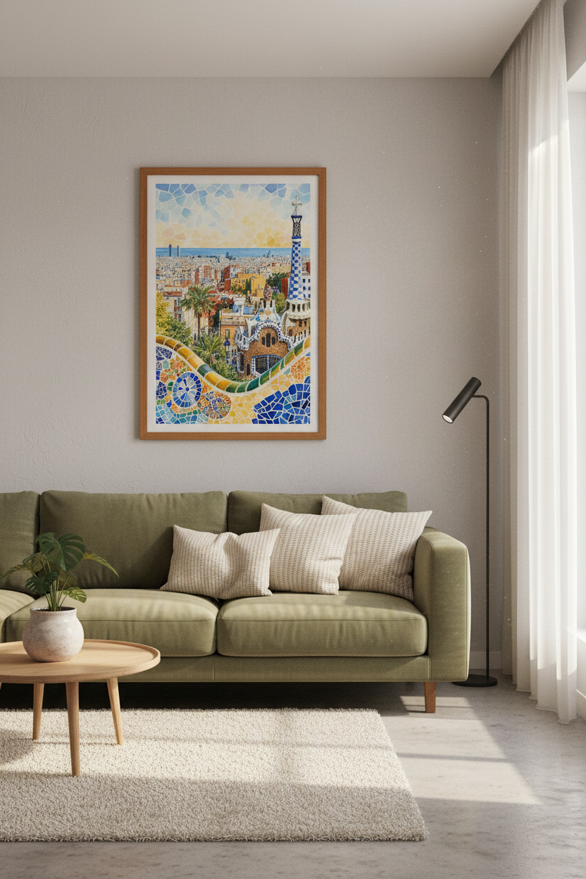 Barcelona Park Guell Watercolor | Spain Travel Poster, Mediterranean Decor