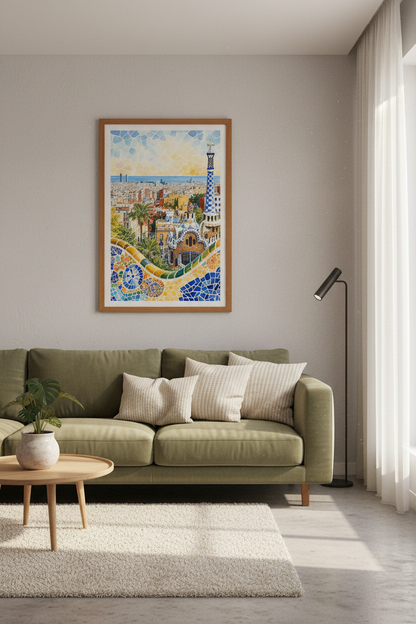 Barcelona Park Guell Watercolor | Spain Travel Poster, Mediterranean Decor