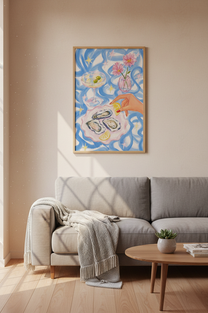 Oyster and Martini Art Print | Blue Coastal Decor | Preppy Foodie Poster
