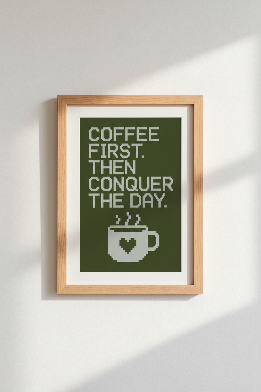 Coffee Quote Pixel Wall Art | Retro Sage Green Decor | Motivational Poster