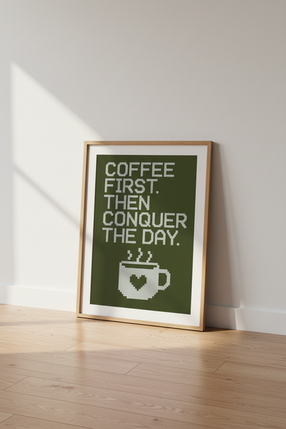Coffee Quote Pixel Wall Art | Retro Sage Green Decor | Motivational Poster