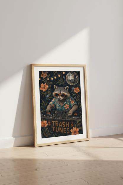 Raccoon DJ Wall Art Print | Funny Music Room Decor | Eclectic Maximalist Poster