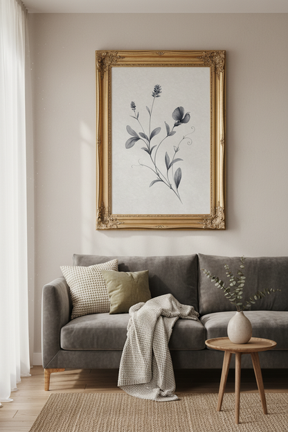 Blue Botanical Wall Art | Watercolor Tones, Neutral Decor | Living Room Poster