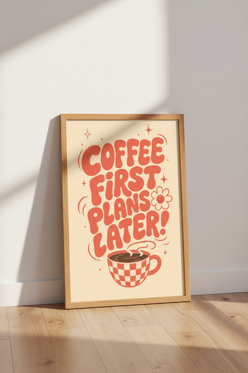 Coffee First Plans Later Wall Art | Retro Orange Kitchen Decor | Groovy Quote Poster