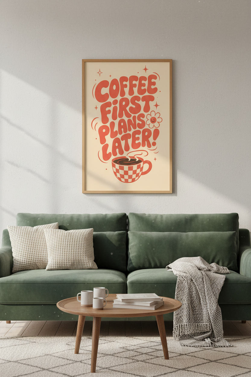 Coffee First Plans Later Wall Art | Retro Orange Kitchen Decor | Groovy Quote Poster