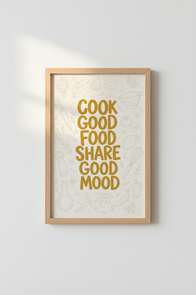Cook Good Food Quote Wall Art | Kitchen Decor | Mustard Yellow Typography Poster