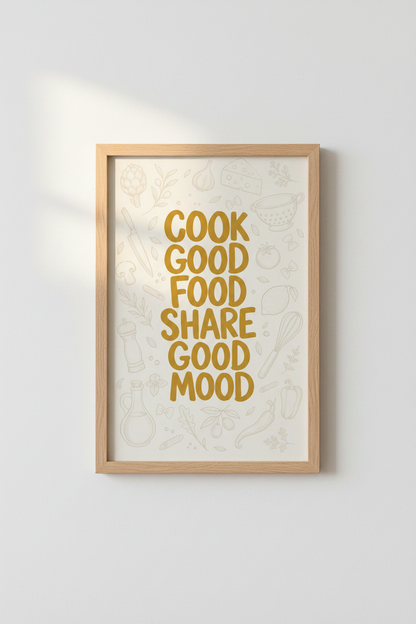 Cook Good Food Quote Wall Art | Kitchen Decor | Mustard Yellow Typography Poster