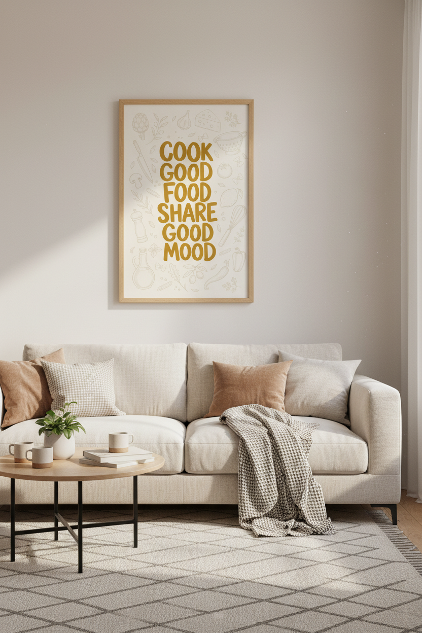 Cook Good Food Quote Wall Art | Kitchen Decor | Mustard Yellow Typography Poster
