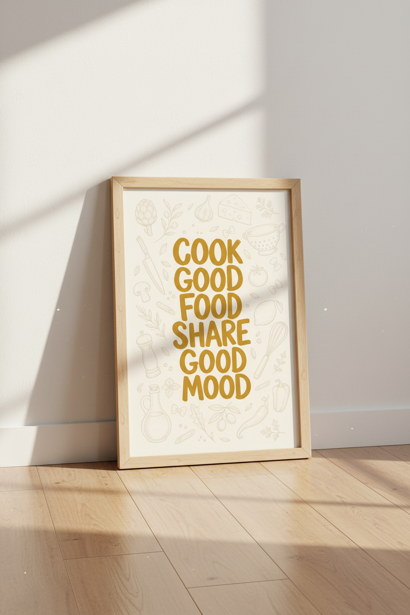 Cook Good Food Quote Wall Art | Kitchen Decor | Mustard Yellow Typography Poster