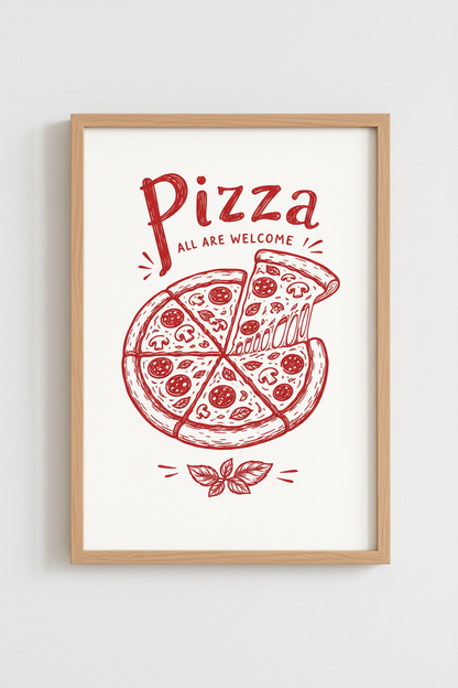 Pizza All Are Welcome Art | Red Kitchen Poster, Restaurant Dining Wall Decor