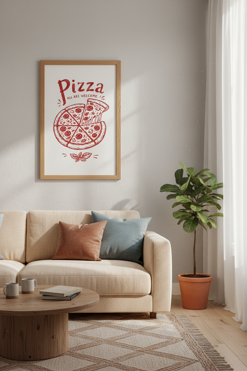 Pizza All Are Welcome Art | Red Kitchen Poster, Restaurant Dining Wall Decor