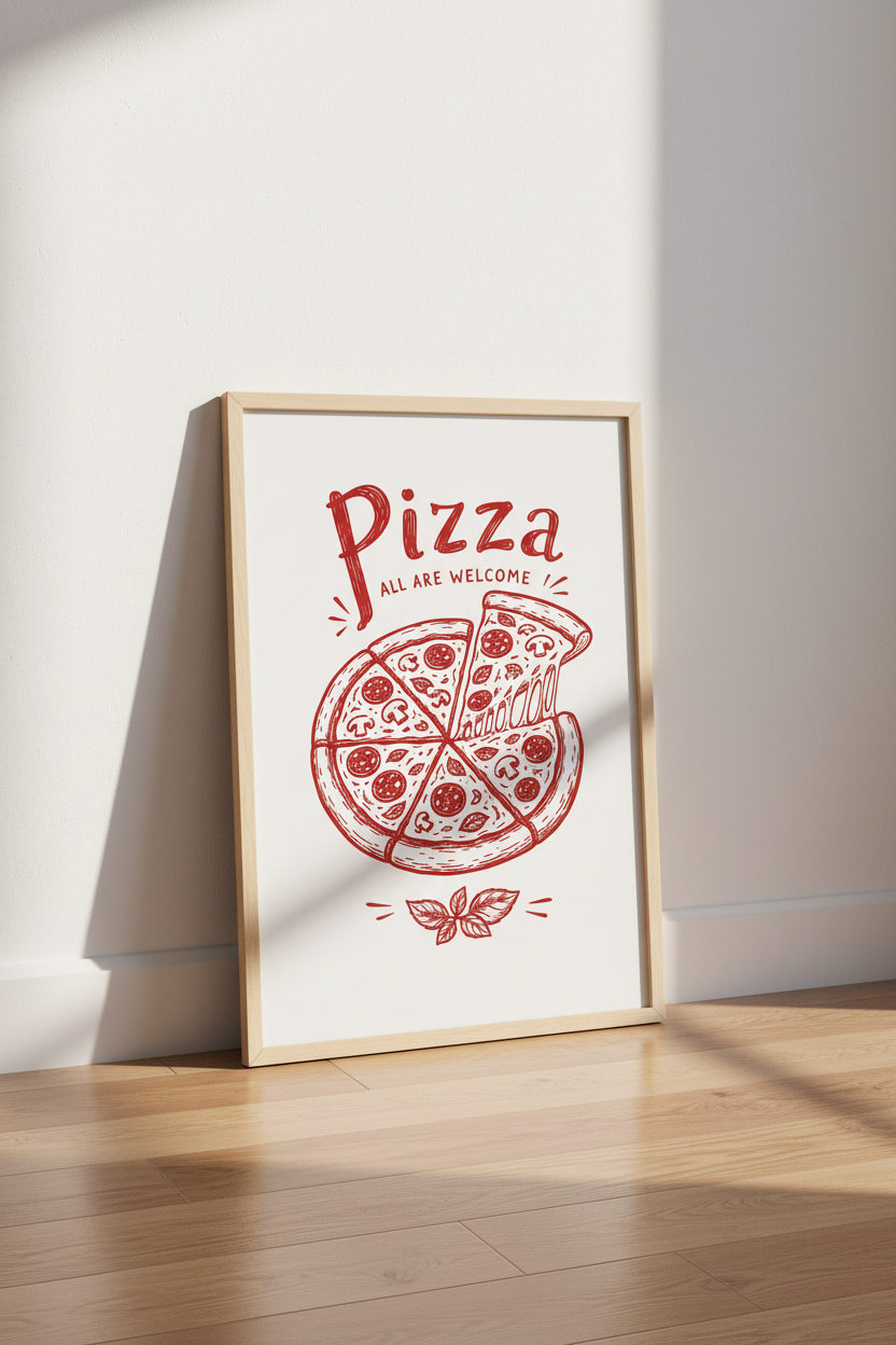 Pizza All Are Welcome Art | Red Kitchen Poster, Restaurant Dining Wall Decor