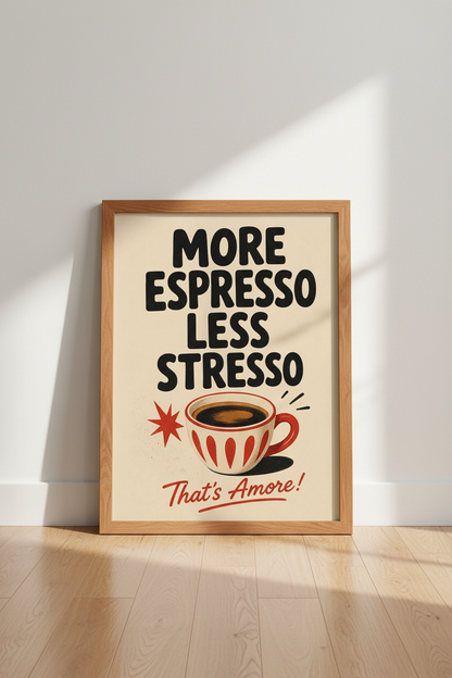 More Espresso Less Stresso Wall Art Print | Kitchen Decor | Retro Coffee Poster