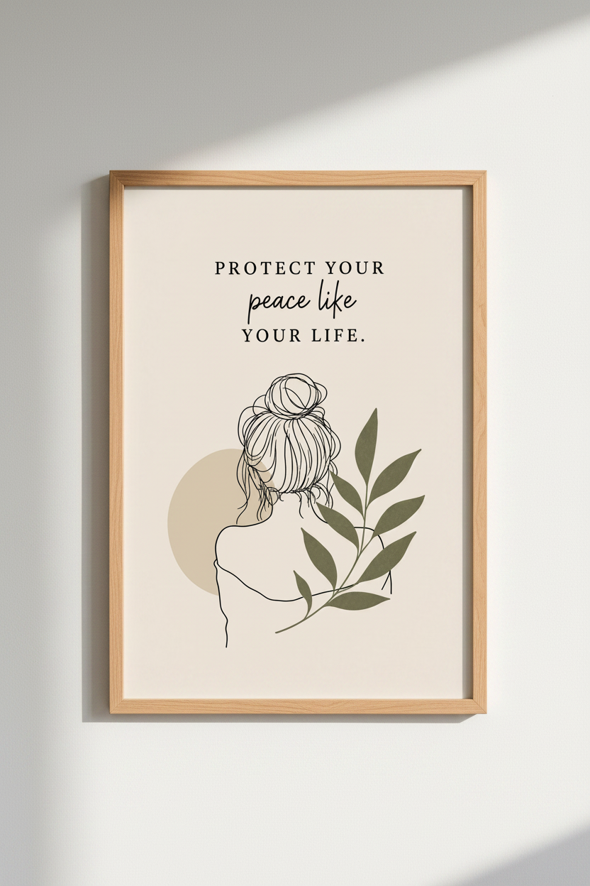 Protect Your Peace Quote Wall Art | Minimalist Line Drawing, Sage Green Decor