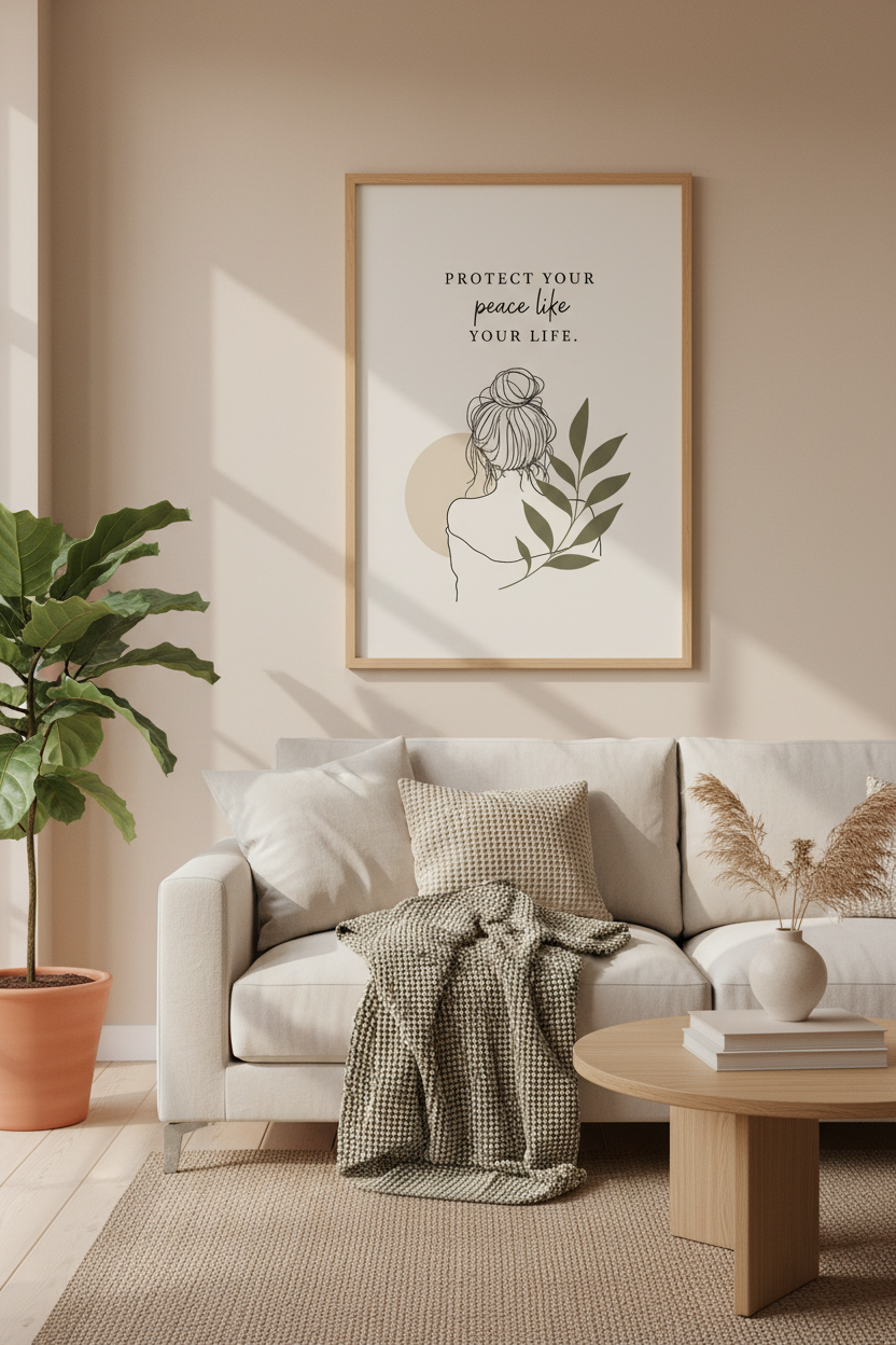 Protect Your Peace Quote Wall Art | Minimalist Line Drawing, Sage Green Decor