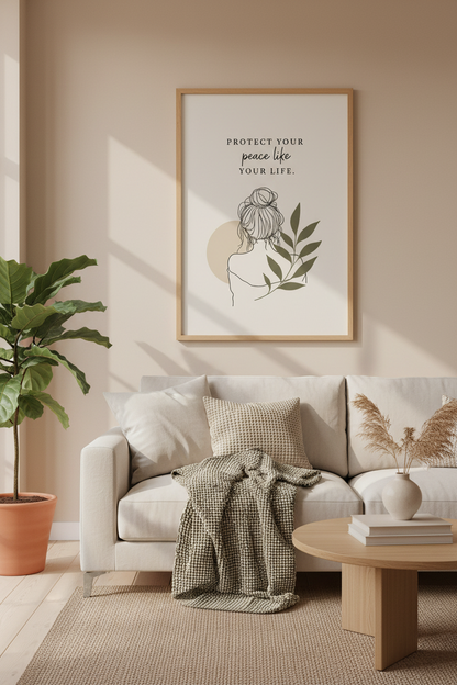 Protect Your Peace Quote Wall Art | Minimalist Line Drawing, Sage Green Decor