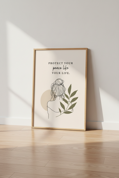 Protect Your Peace Quote Wall Art | Minimalist Line Drawing, Sage Green Decor