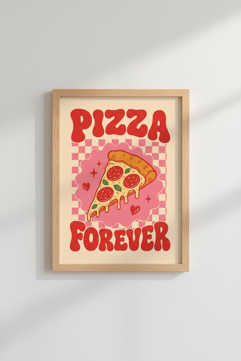 Retro Pizza Wall Art Print | Pink Checkered Kitchen Decor | Groovy Foodie Poster