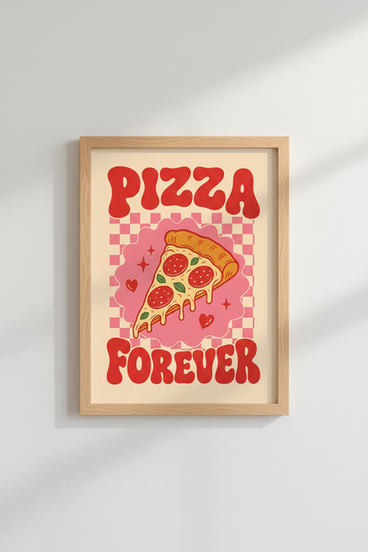 Retro Pizza Wall Art Print | Pink Checkered Kitchen Decor | Groovy Foodie Poster