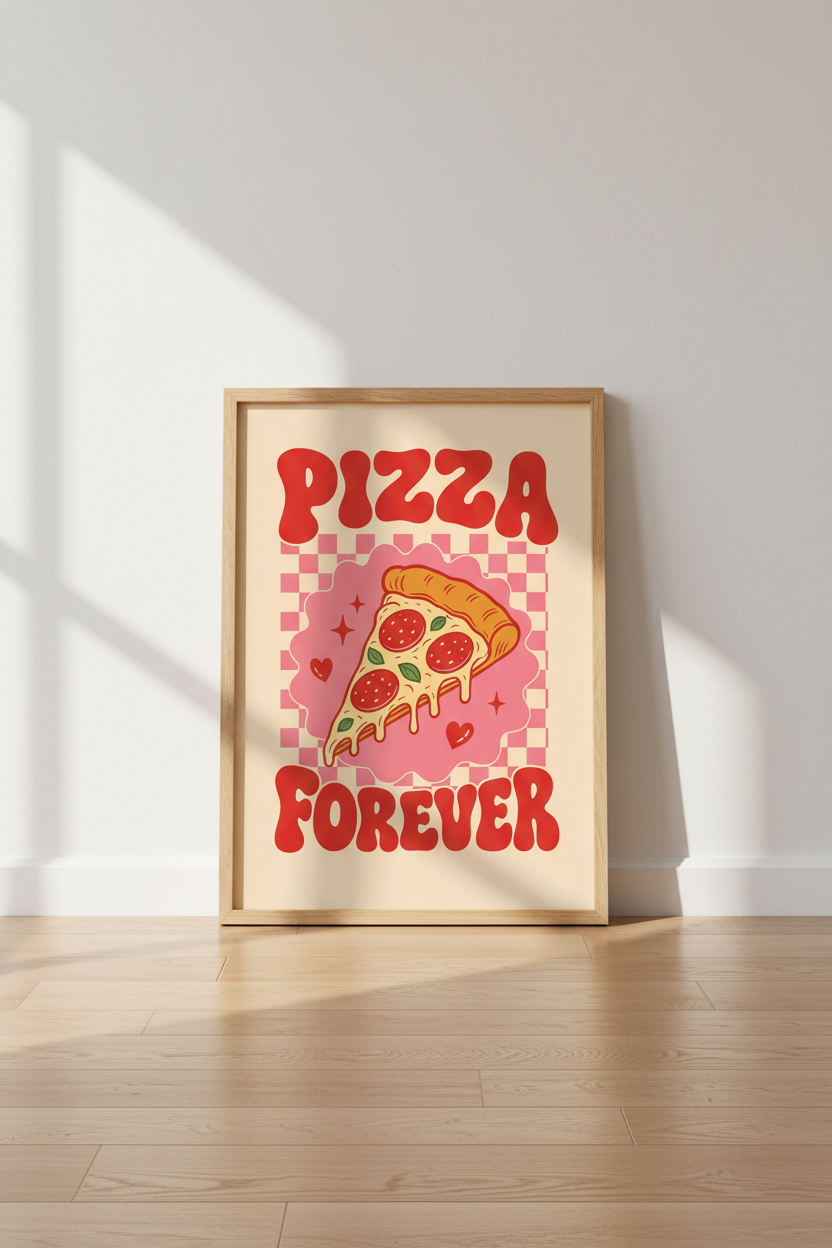 Retro Pizza Wall Art Print | Pink Checkered Kitchen Decor | Groovy Foodie Poster