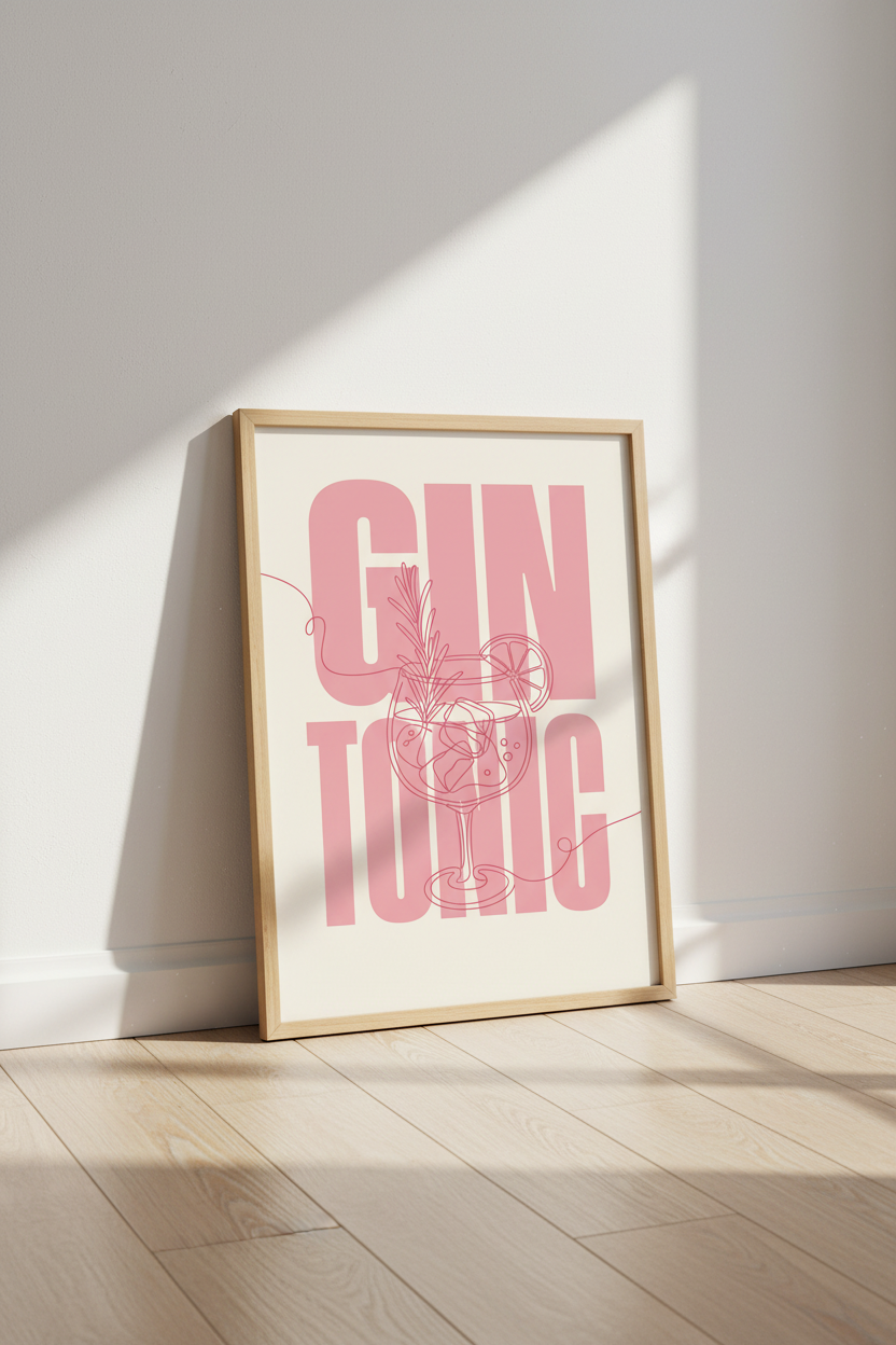 Pink Cocktail Wall Art | Gin &amp; Tonic Poster, Kitchen Decor | Modern Aesthetic Bar Print