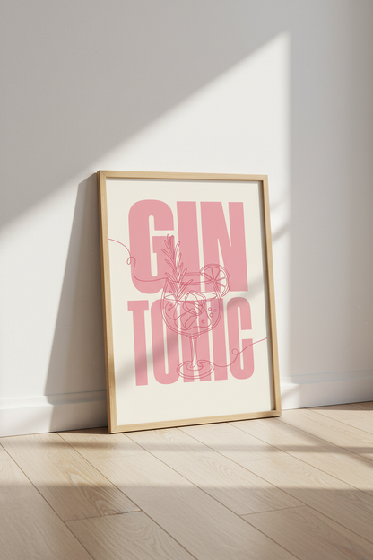 Pink Cocktail Wall Art | Gin &amp; Tonic Poster, Kitchen Decor | Modern Aesthetic Bar Print