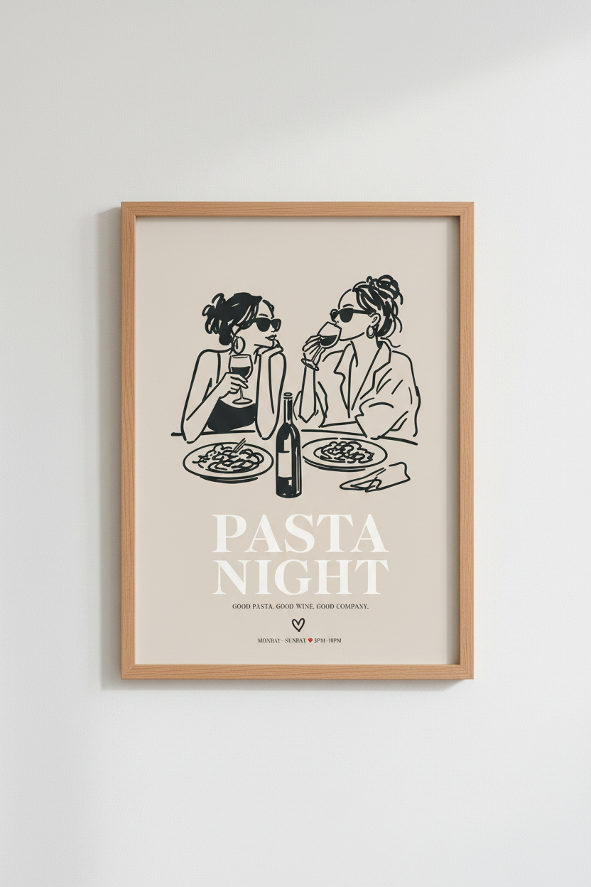 Pasta Night Poster | Minimal Line Art, Warm Beige Wall Decor