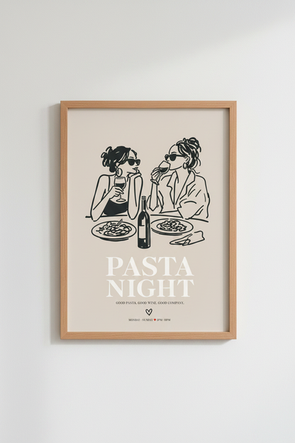 Pasta Night Poster | Minimal Line Art, Warm Beige Wall Decor