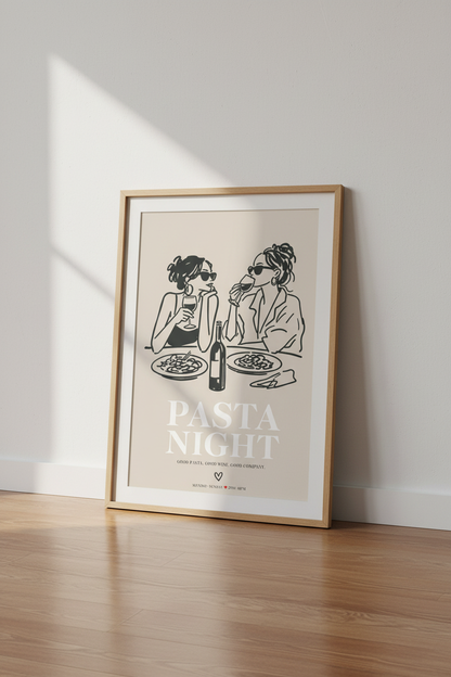 Pasta Night Poster | Minimal Line Art, Warm Beige Wall Decor