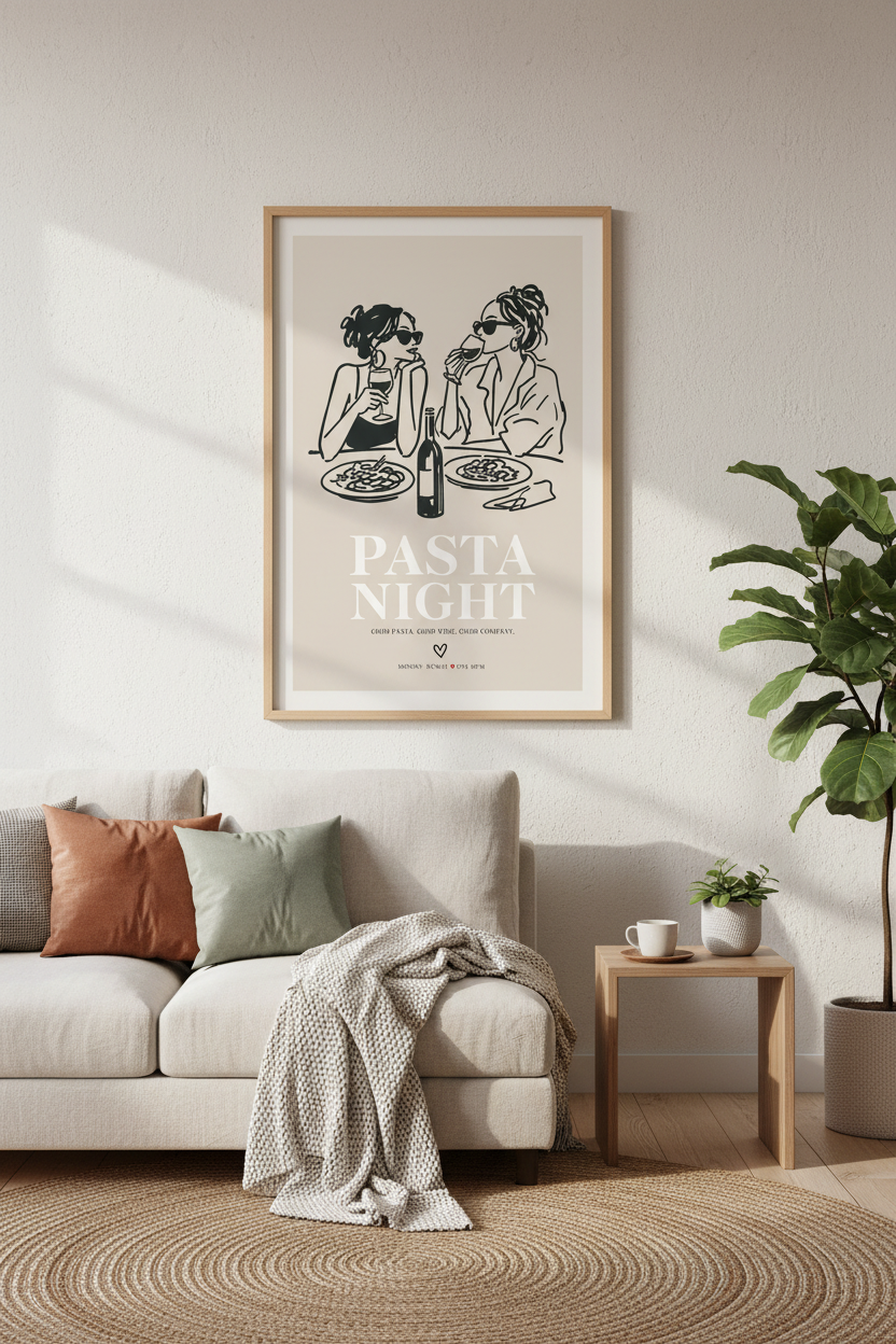 Pasta Night Poster | Minimal Line Art, Warm Beige Wall Decor