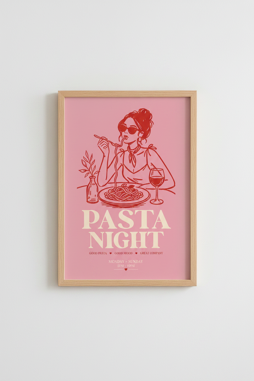 Pasta Night Wall Art | Pink Modern Illustration | Dining Room Decor