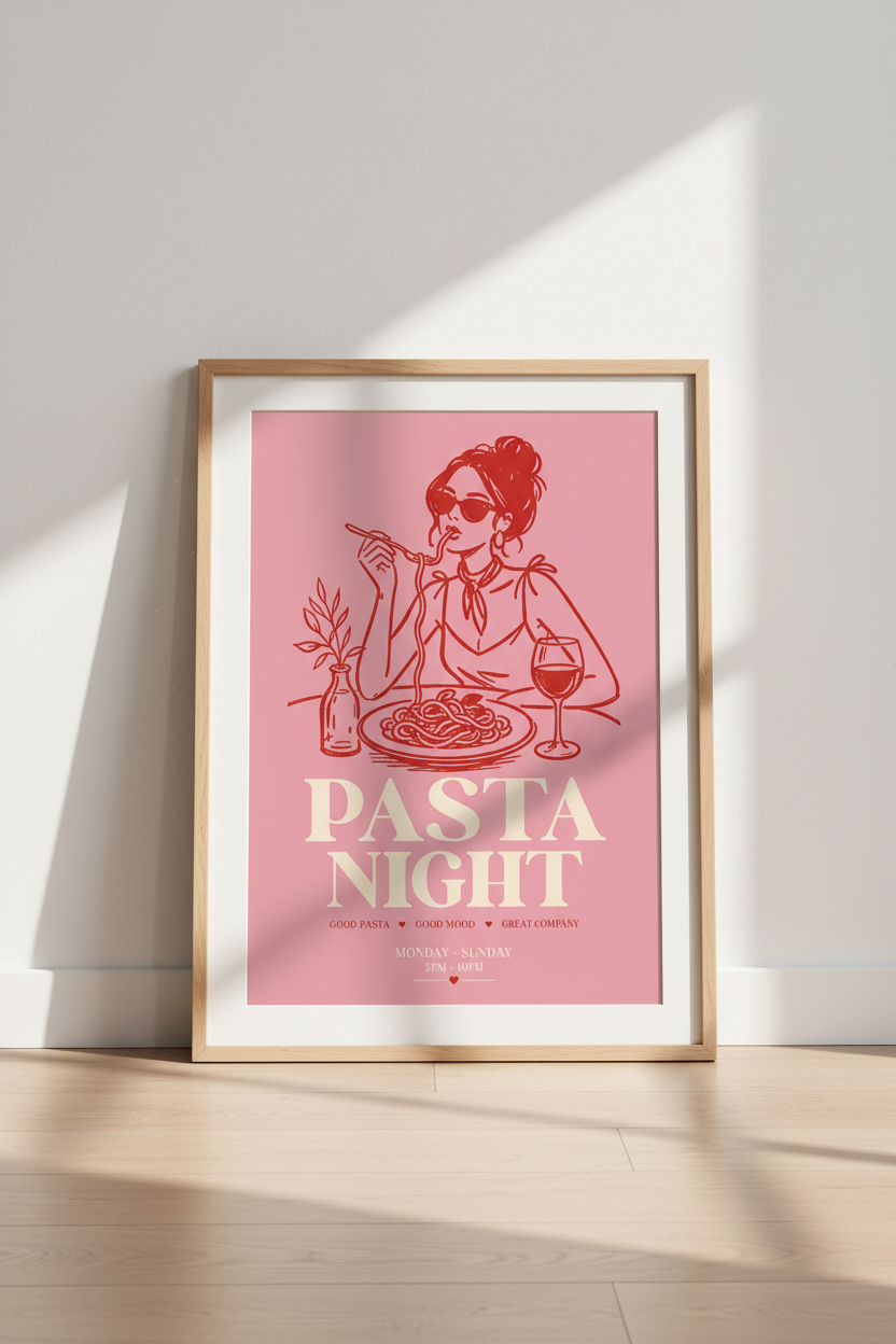Pasta Night Wall Art | Pink Modern Illustration | Dining Room Decor