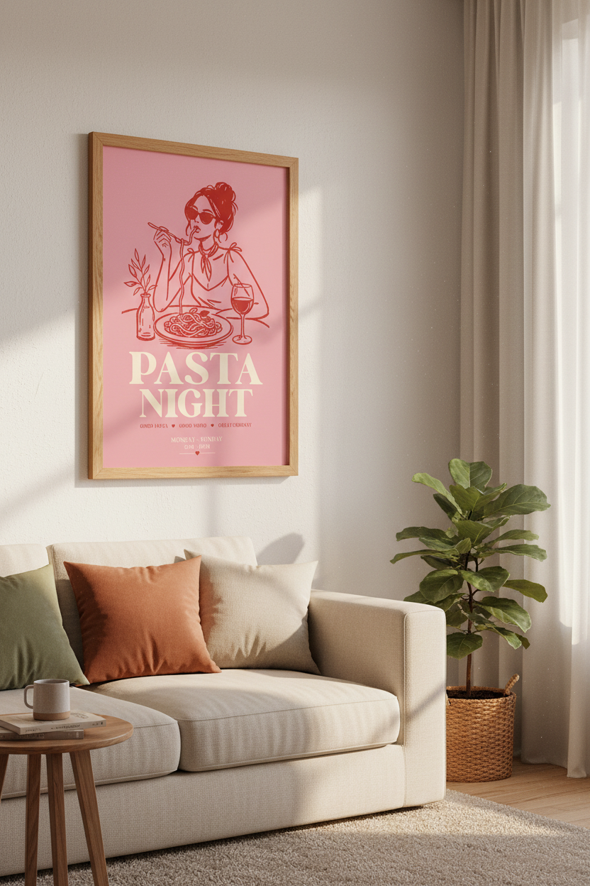 Pasta Night Wall Art | Pink Modern Illustration | Dining Room Decor