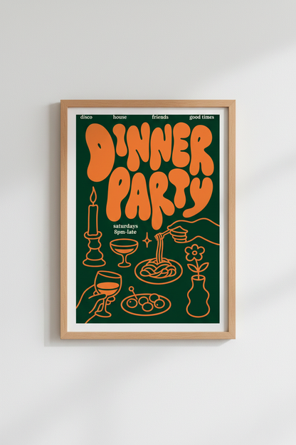 Retro Dinner Party Wall Art | Groovy Kitchen Decor | Pasta &amp; Wine Poster