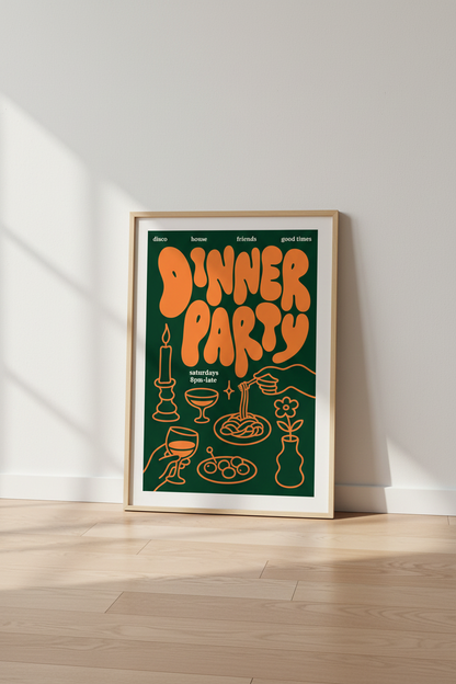 Retro Dinner Party Wall Art | Groovy Kitchen Decor | Pasta &amp; Wine Poster
