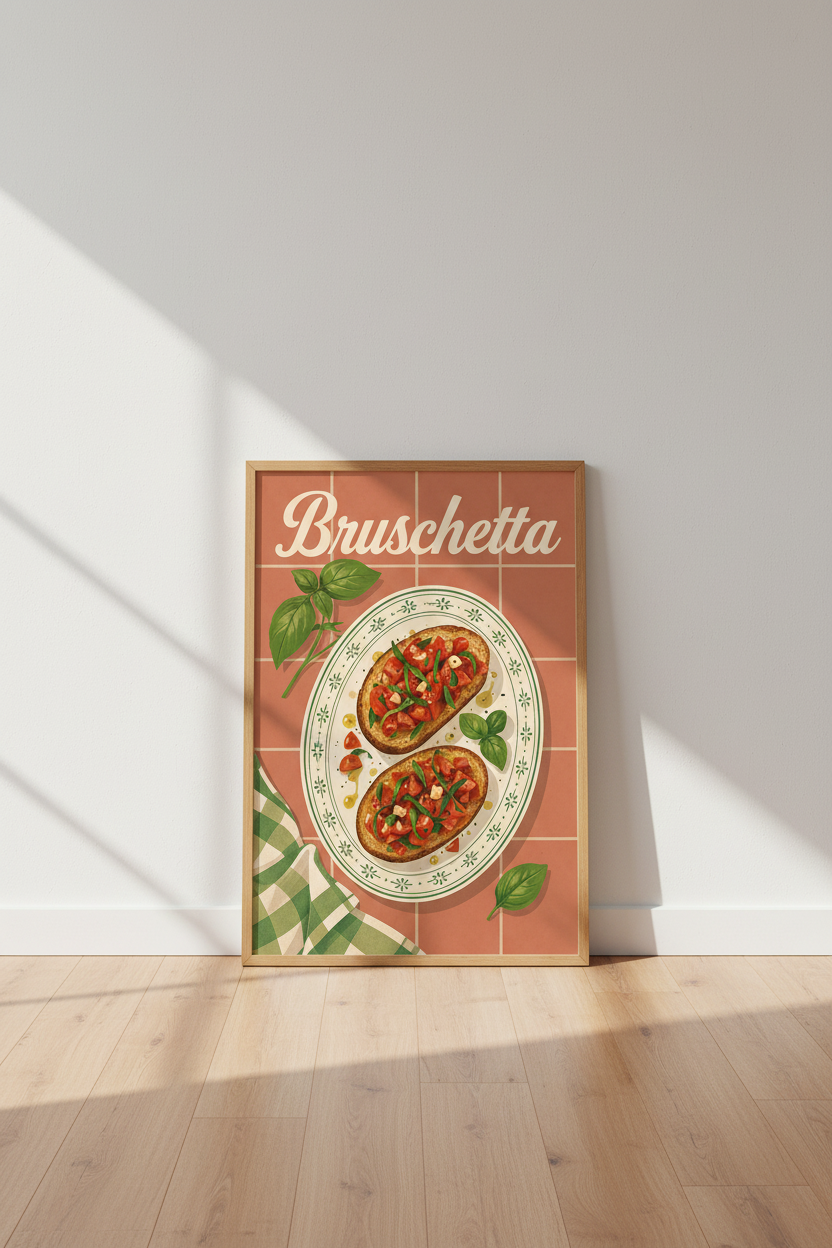 Bruschetta Italian Food Wall Art | Retro Kitchen Decor | Mediterranean Aesthetic Poster