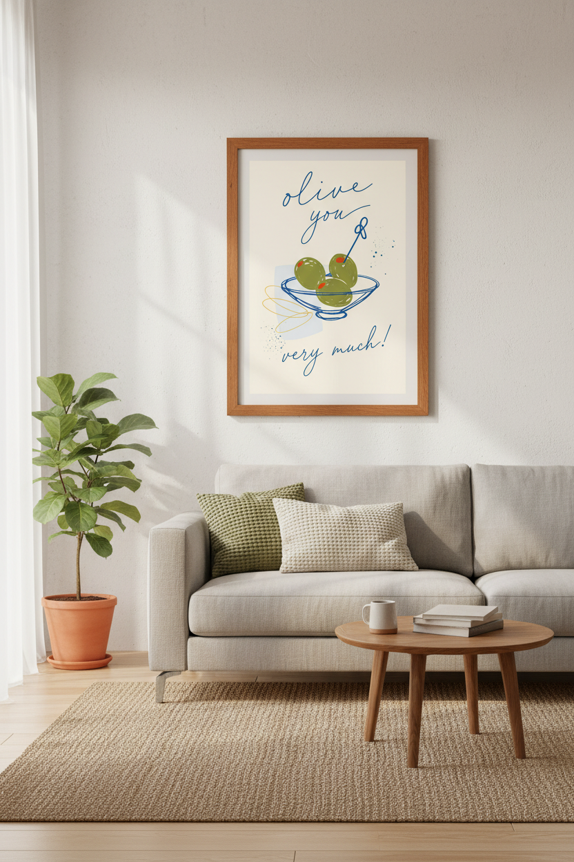 Olive You Very Much Pun Art Print | Kitchen Wall Decor | Fun Modern Poster
