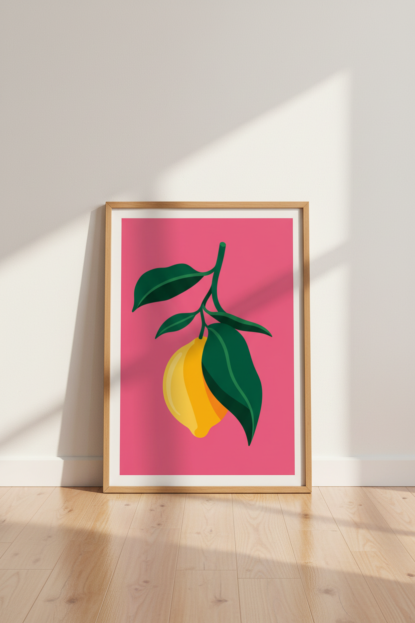 Lemon Fruit Wall Art | Vibrant Pink &amp; Yellow Botanical Print, Kitchen Decor