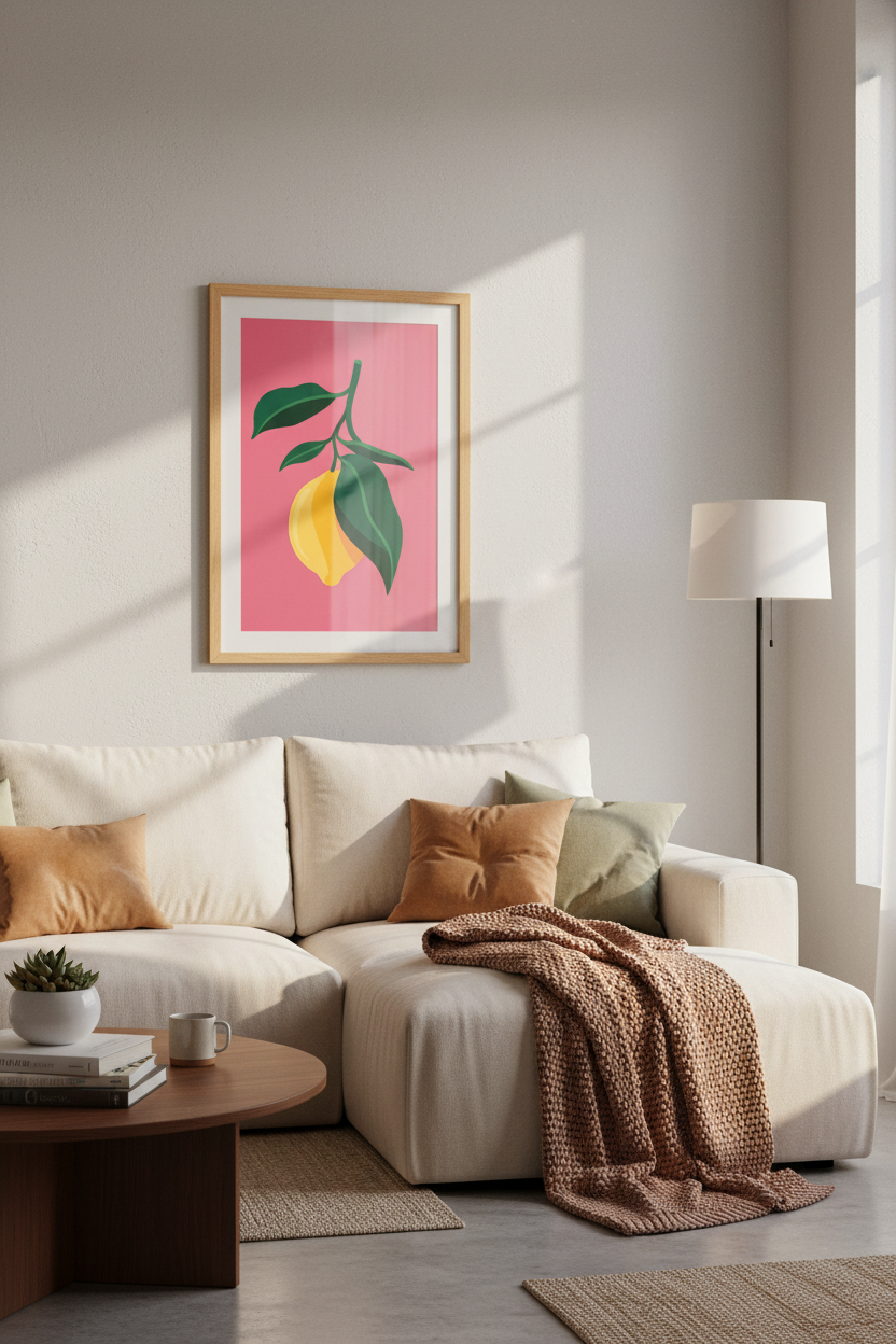 Lemon Fruit Wall Art | Vibrant Pink &amp; Yellow Botanical Print, Kitchen Decor