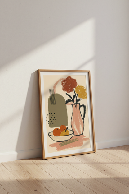 Abstract Floral Still Life Print | Boho Terracotta Wall Art | Mid Century Modern Poster