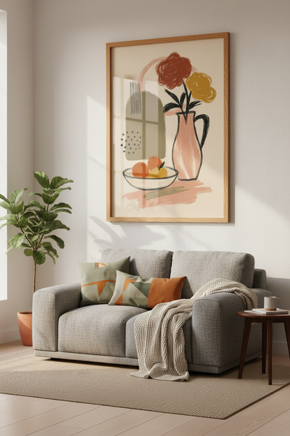 Abstract Floral Still Life Print | Boho Terracotta Wall Art | Mid Century Modern Poster