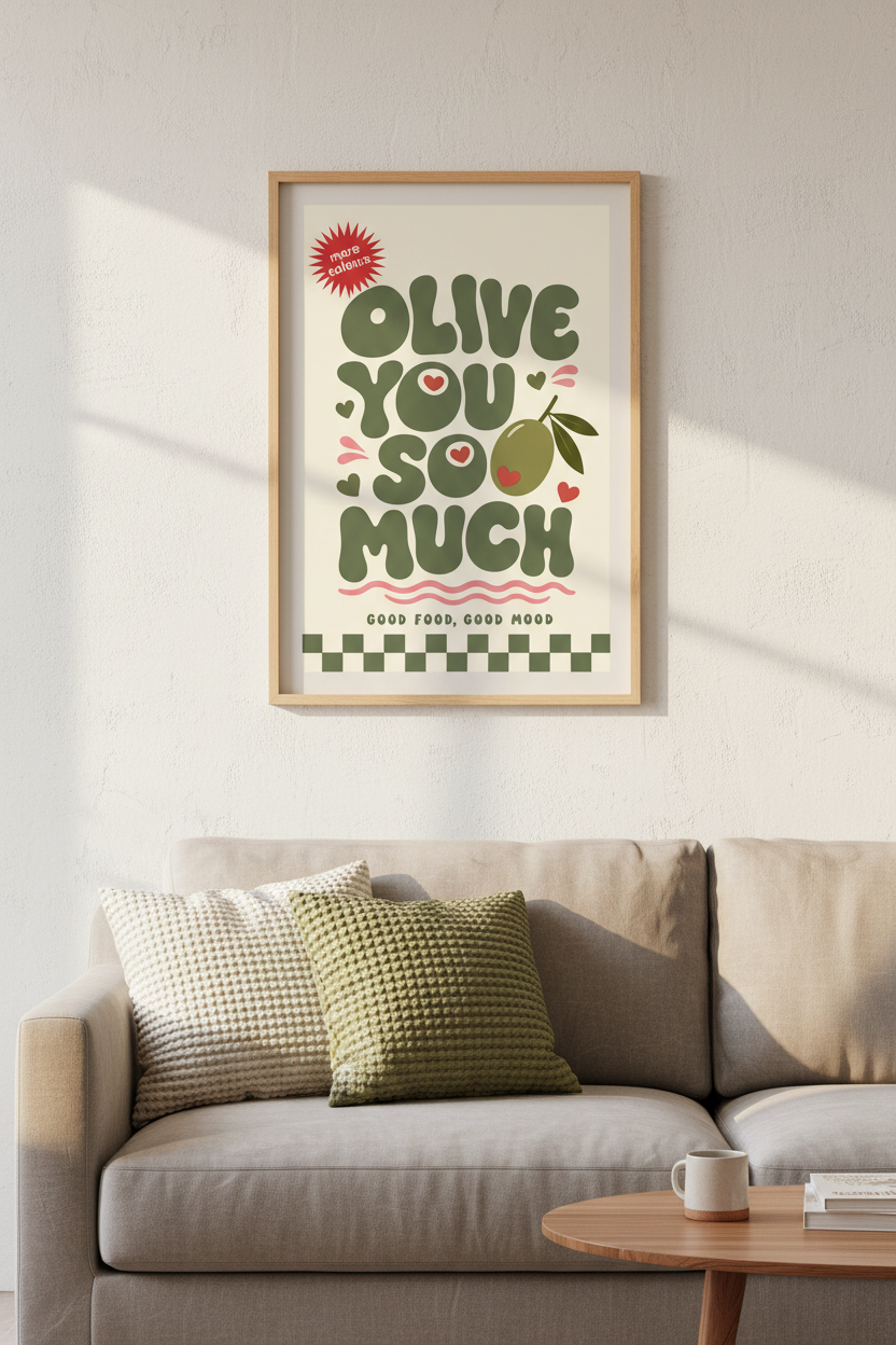 Olive You So Much Retro Wall Art | Kitchen Decor | Green Foodie Poster