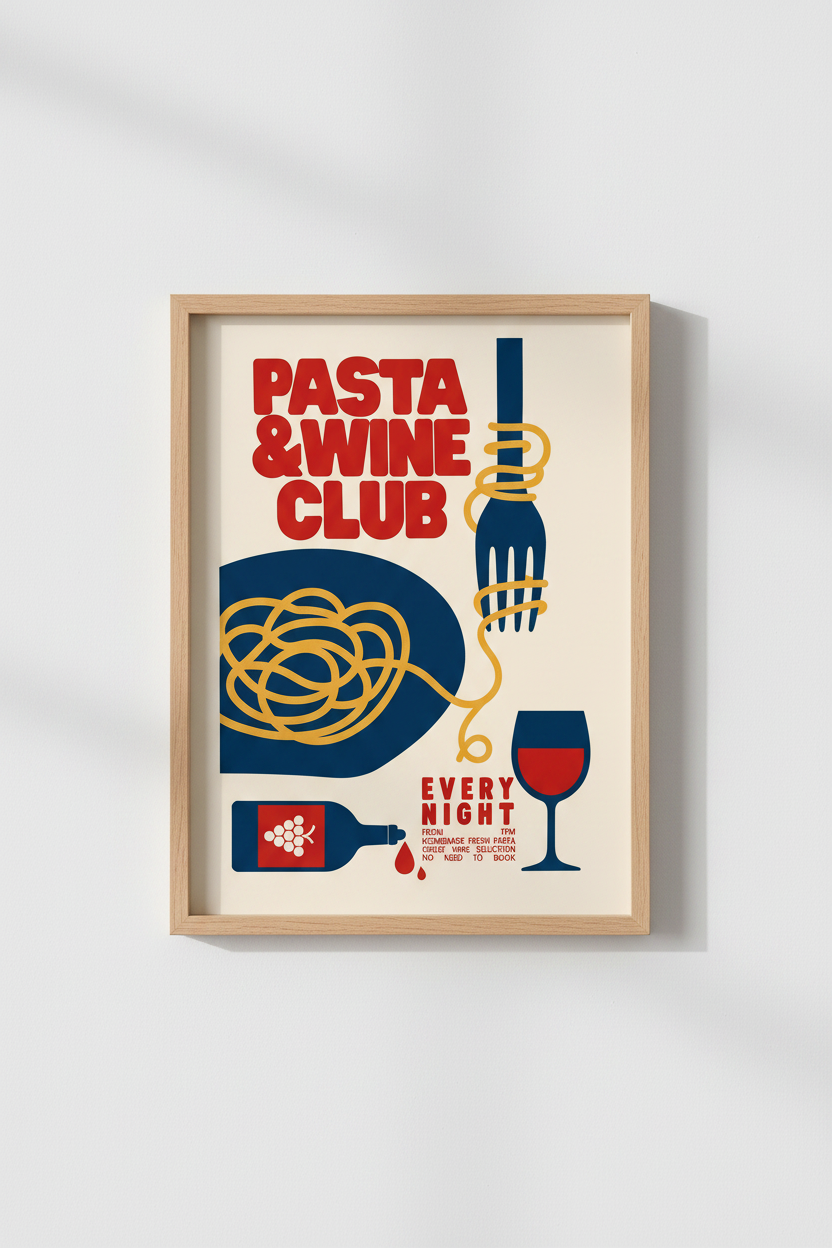 Pasta &amp; Wine Club Wall Art | Retro Kitchen Decor | Mid Century Modern Poster