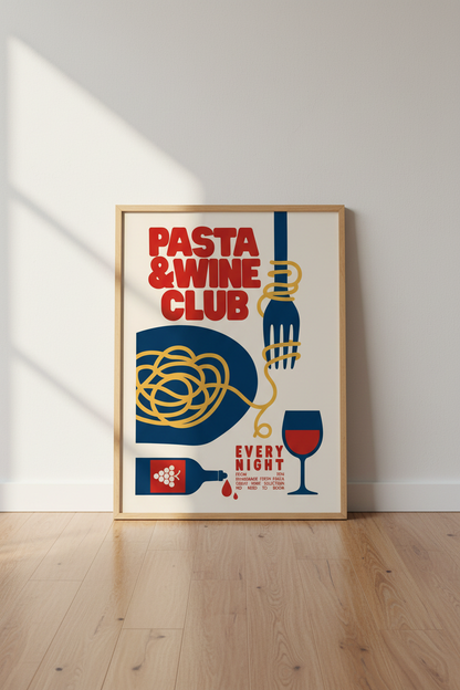 Pasta &amp; Wine Club Wall Art | Retro Kitchen Decor | Mid Century Modern Poster