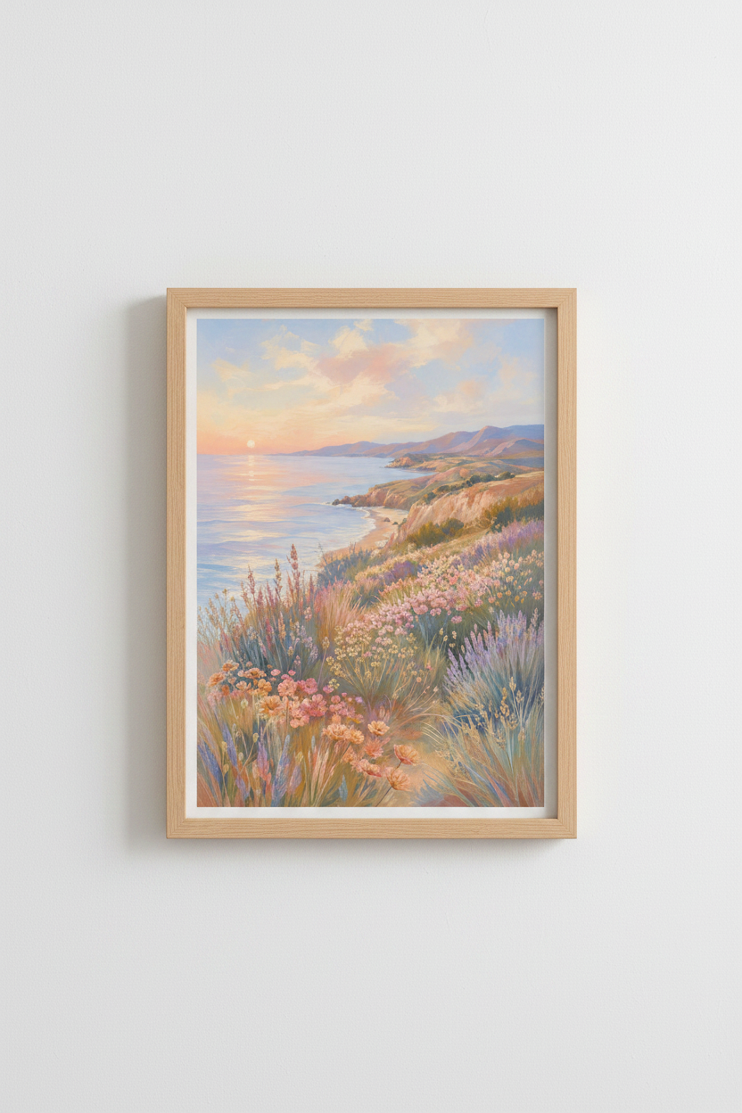Coastal Landscape Wall Art Print | Sunset Ocean View, Pastel Wildflower Beach Decor
