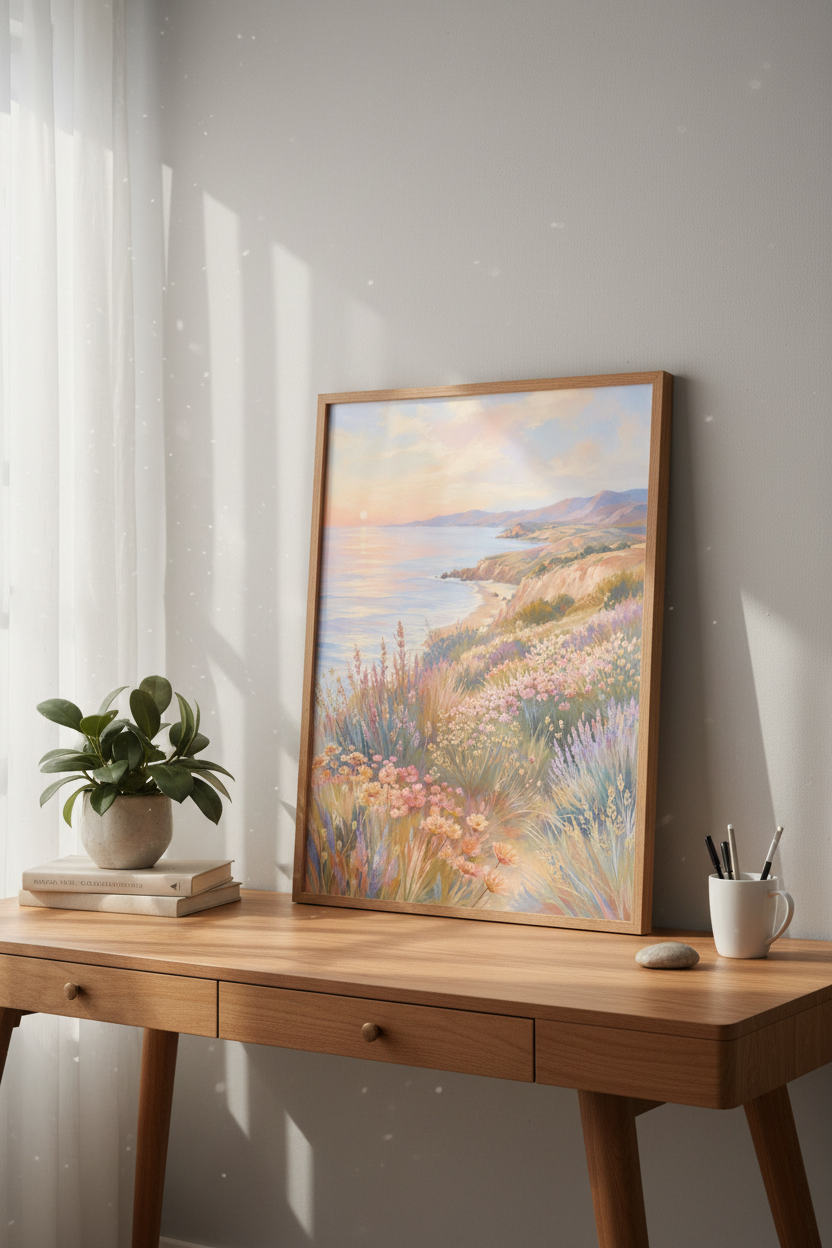 Coastal Landscape Wall Art Print | Sunset Ocean View, Pastel Wildflower Beach Decor