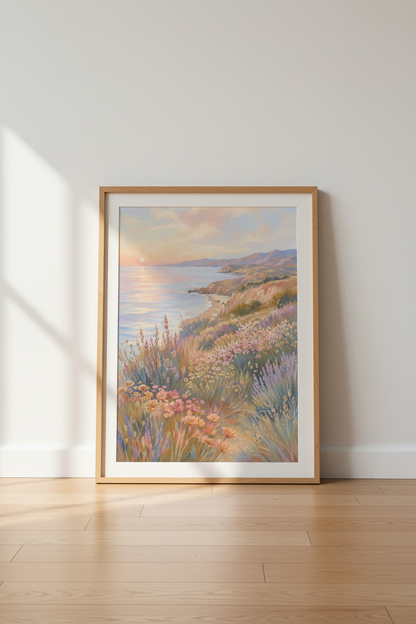 Coastal Landscape Wall Art Print | Sunset Ocean View, Pastel Wildflower Beach Decor